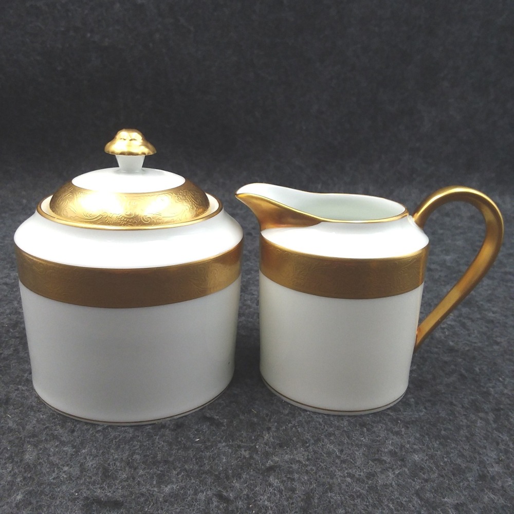 Chastagner Limoges France Sugar Bowl Creamer Set Gold Incrustation Double Dorure